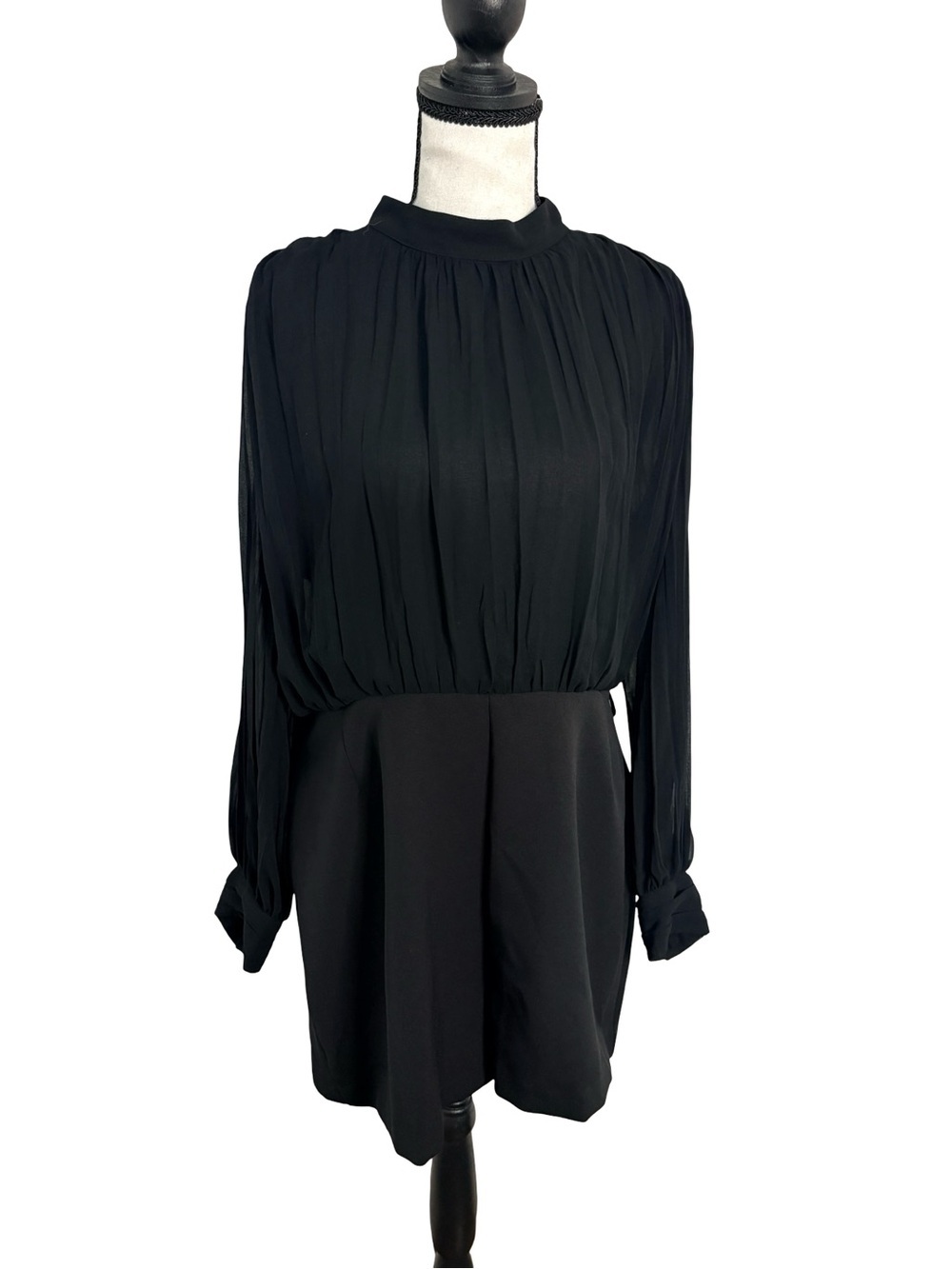 Zara BNWT Black Pleated Sheer Sleeve Romper Playsuit Size L‎ Elegant Open Back